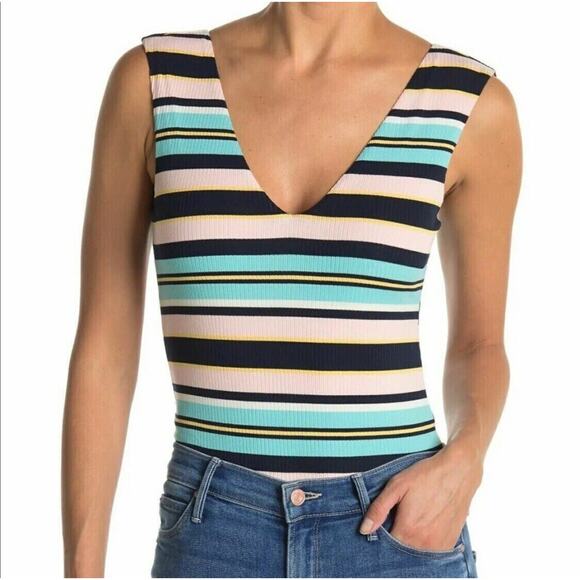 AFRM NWOT Pink Mooni Striped Double V-Neck Sleeveless Bodysuit Size M - Picture 1 of 5
